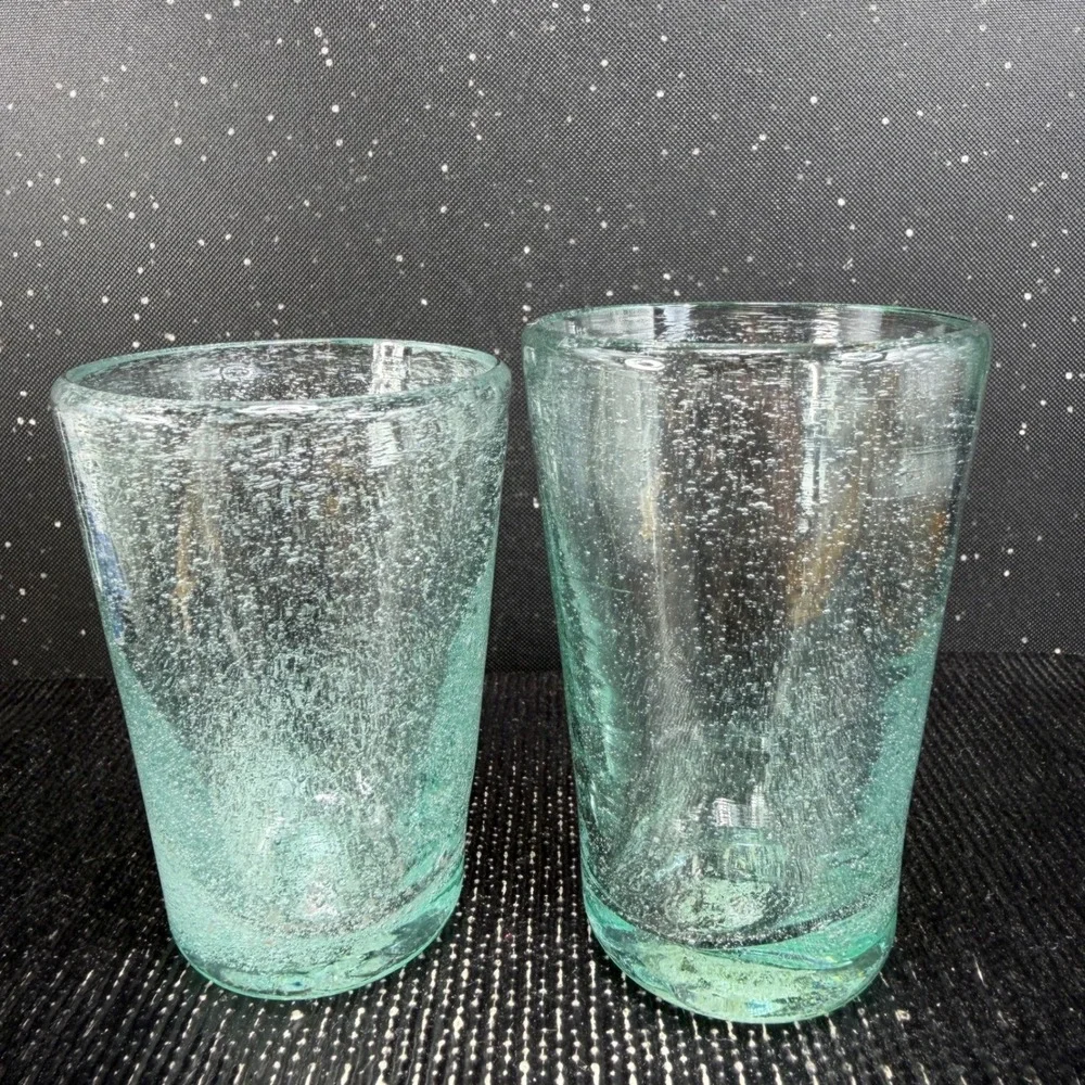 Pier 1 Seeded Bubble Glass Tumblers Aqua Light Green Set of 2 Shot Glasses VTG